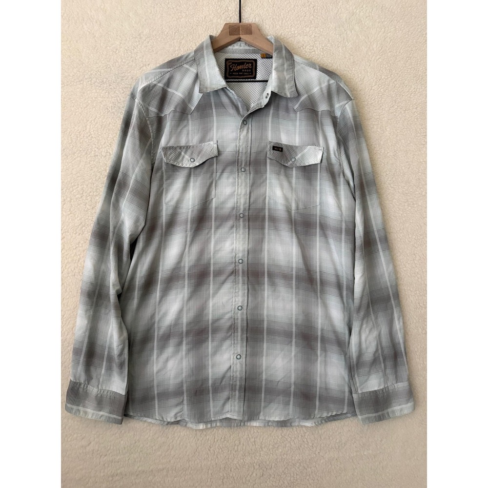 Howler Bros Mens Large Gray H-Bar-B Tech Hombre Snapshirt LS Plaid Western Shirt